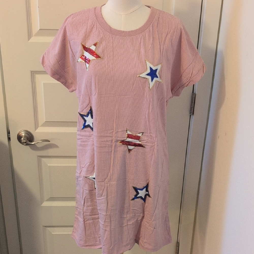 Patriotic Short Sleeve Dress Crewneck Pink with Sequined Stars Size Large - Picture 3 of 14